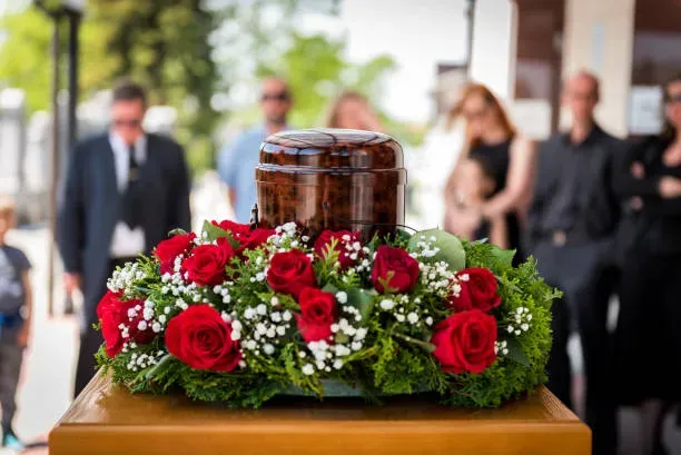 Urne funéraire en bois sur couronne de roses entourée de la famille.